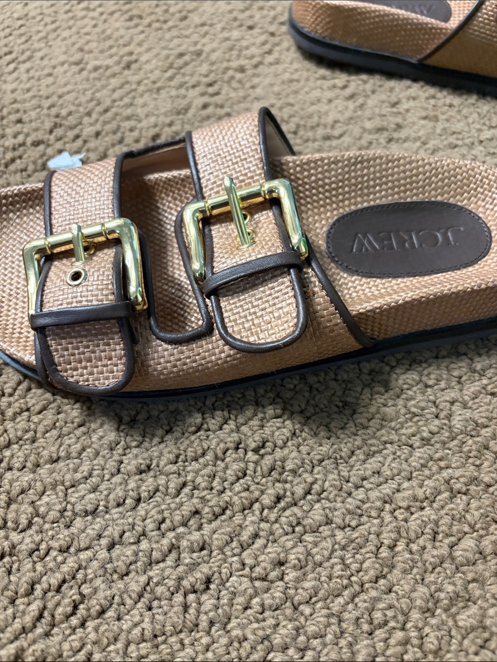 J. Crew Tan Woven Double-Buckle Slide Sandals with Gold Buckles